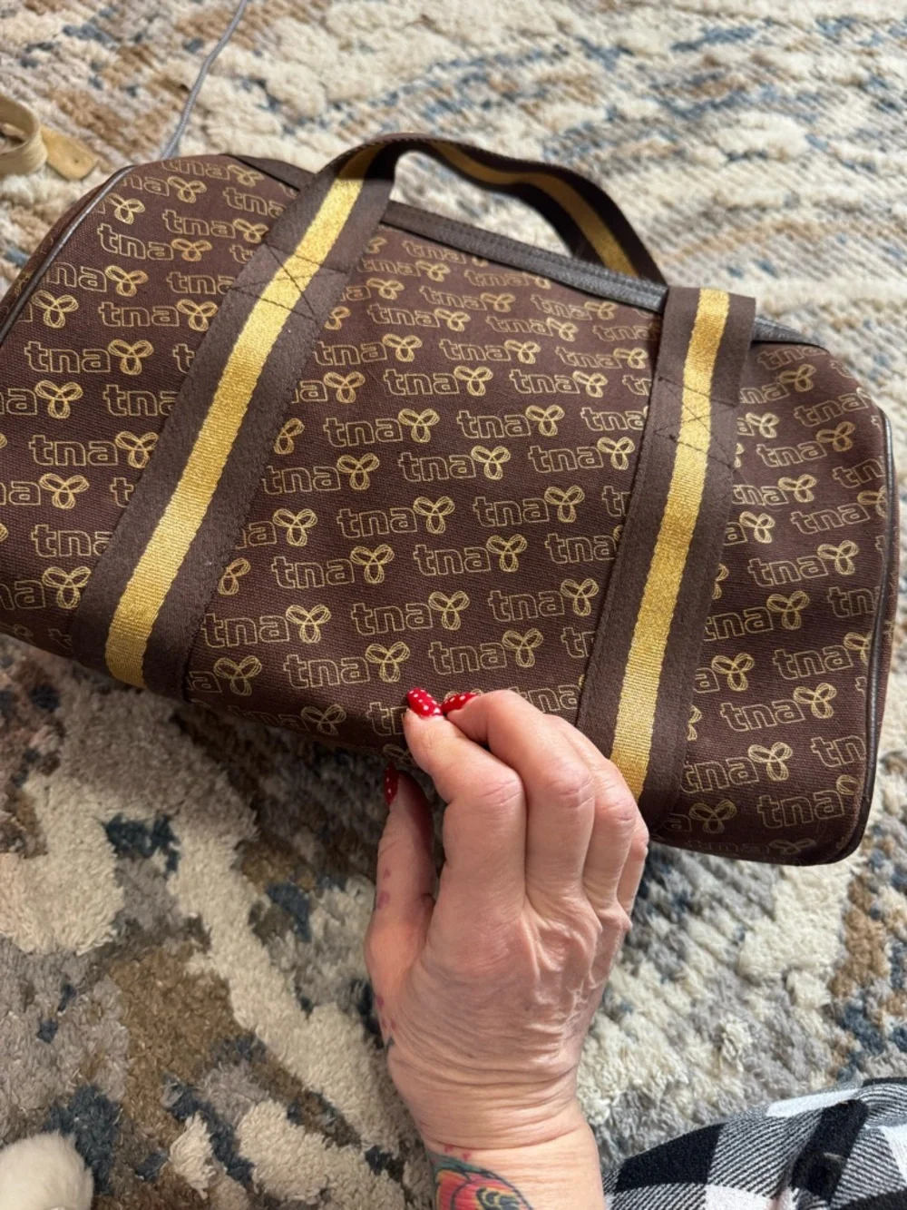 TNA Brown Barrel Tote with Striped Mustard Handles - Picture 5 of 9